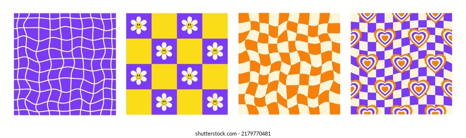 Groovy set seamless patterns with smiling daisy, distorted checkered and hearts. Retro hippie backgrounds in style 60s, 70s. Trendy vector illustration. 