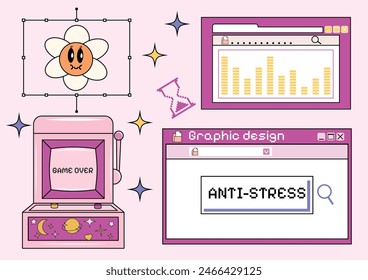 Groovy set in y2k style. Retro collection of browser popup icons. Vaporwave Textbox. Vector illustration. Slot machine. Psychedelic and hippie design. Social media interface. Elements and shapes.