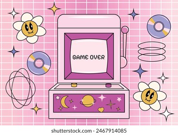 Groovy set in y2k style. Retro icon collection. Vaporwave. Vector illustration. Slot machine. Psychedelic and hippie design. Social media interface. Elements and shapes.  2000s aesthetic look. Collage