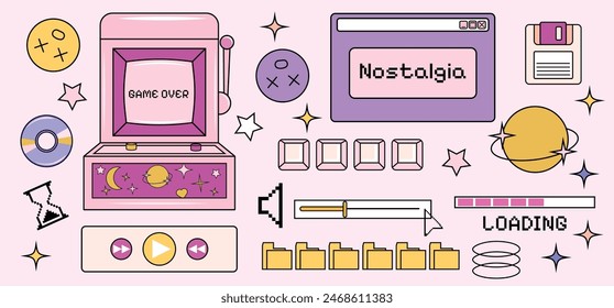 Groovy Set im Y2K-Stil. Retro-Kollektion von Browser-Popup-Symbolen. In: VaporWave TextBox. Vektorillustration. Spielautomat. Psychedelisches und Hippie-Design. In: 00s Aesthetic. Aufkleber Post Vorlage. Symbole