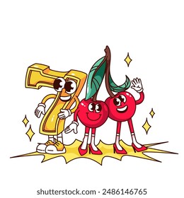 Groovy seven sign and cherry cartoon characters of casino slot machine. Funny retro personages of casino gamble game, jackpot chance mascot, cartoon sticker of 70s 80s style vector illustration