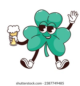 Carácter groovy shamrock con ilustración vector de vidrio de cerveza. Caricatura aislada mascota psicodélica retro de San Patrón Día de beber bebida tradicional, shamrock divertido con piernas y brazos ondulados