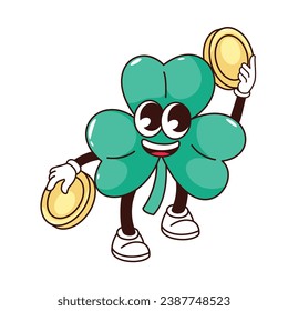 Groovy shamrock character vector illustration. Cartoon isolated retro psychedelic mascot with funny face and smile holding gold coins in arms and walking, lucky smiling shamrock of St Patricks Day