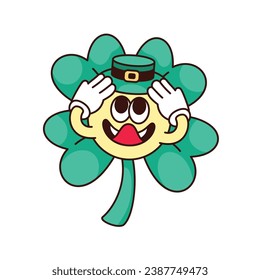 Groovy shamrock character vector illustration. Cartoon isolated retro psychedelic shamrock emoji with tongue on funny face, green clover mascot of St Patricks Day holding leprechaun hat in arms