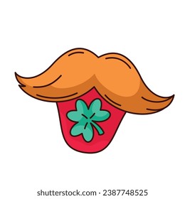 Groovy shamrock on leprechaun tongue vector illustration. Cartoon isolated psychedelic funky sticker for happy Irish St Patricks Day, funny mustache and open mouth of leprechaun with clover leaf