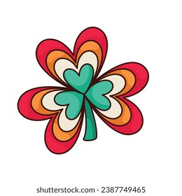 Groovy shamrock vector illustration. Cartoon isolated retro psychedelic cute sticker of lucky clover with hippie vibe, funny funky shamrock mascot of St Patricks Day with colorful pattern of frames