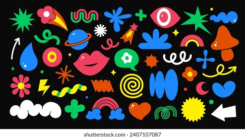 Formas gruesas, conjunto de vectores de elementos abstractos. Estrella, flor, nube y labios, hongos, blobs, gota y espiral. Planeta, cometa, bucle, onda y flecha, corazón, líneas curvas figuras funky en estilo retro a la moda