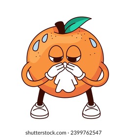 Groovy sick orange cartoon character with handkerchief. Funny citrus fruit holding tissue to cough or sneeze, retro cartoon orange with allergy or flu mascot, sticker of 70s 80s vector illustration