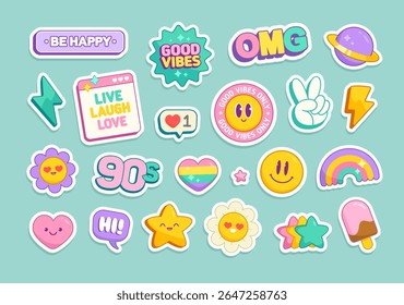 Groovy sickers pack in 90's aesthetics. Cute cartoon stickers set of  retro style signs and symbols, emoticons, rainbow elements, lifestyle typography.  90s theme stickers in pastel color style