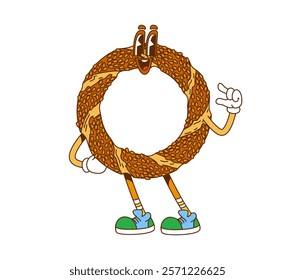 Groovy simit bagel, retro cartoon hippie fast food character, vector funny bread. Groovy simit bagel with sesame seeds, happy smile and funky face, psychedelic hippie or hipster fast food character