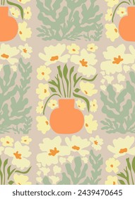 Groovy simple floral seamless pattern, retro aesthetic spring flowers on brown background. Vector illustration.