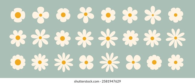 Groovy simple flowers set. Collection of abstract flowers in minimalistic style. Geometric flower set. Abstract minimal daisy elements. Brutalist design. 