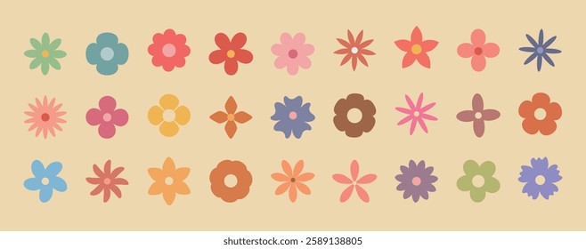 Groovy simple flowers set. A stylish collection of minimalist floral vector illustrations in soft pastel tones.  Ideal for creating seamless patterns, invitations, or social media graphics