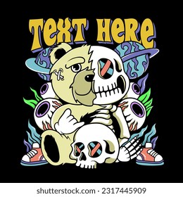 groovy skeleton bear vintage illustration with editable text