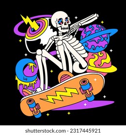 groovy skeleton with skateboard with 90s background in space