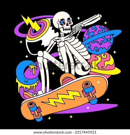 groovy skeleton with skateboard with 90s background in space