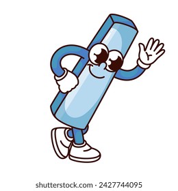 Groovy slash cartoon character with hand up to say Hello. Funny retro blue backslash sign walking, language symbol mascot. Cartoon slash, punctuation mark sticker of 70s 80s style vector illustration