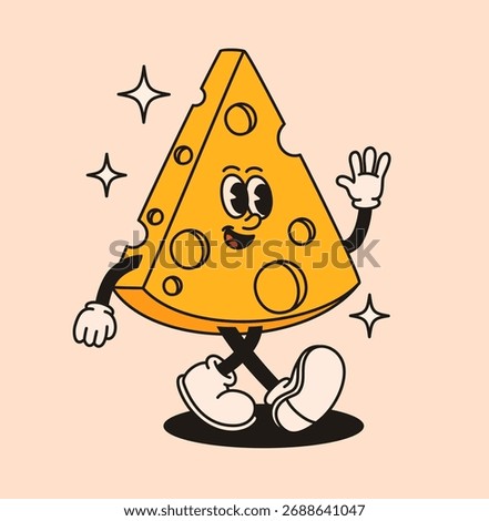 Groovy slice of cheese character in retro style. Flat vector illustration.