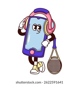 Groovy smartphone cartoon character listening to music on headphones. Funny retro personage standing with tennis racket. Sport mascot, cartoon smartphone sticker of 70s 80s style vector illustration