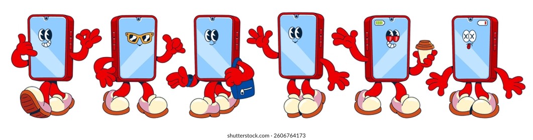 Groovy smartphone characters set isolated on white background. Vector cartoon illustration of smiling mobile phone mascots waving hello, holding coffee cup, wearing sunglasses, communication icon