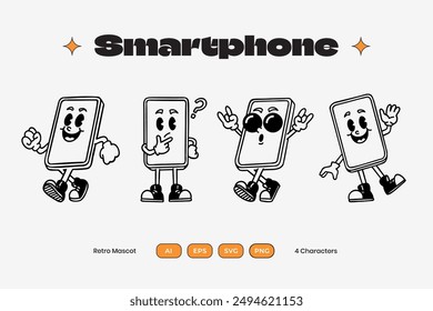 Groovy smartphone retro mascot character