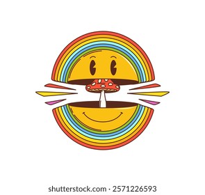 Groovy smile in retro hippie cartoon with mushroom and rainbow, vector emoji symbol. Funky groovy smile with happy face, psychedelic amanita mushroom and rainbow rings for hippie trippy emoticon