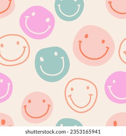 Groovy smile seamless pattern in naive trippy doodle style of natural tones. Unisex nursery design for t-shirts. Contemporary colorful trendy backgrounds for kids. Scandinavian print