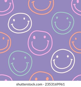 Groovy smile seamless pattern in naive trippy style on lavender background. Graphic underground unisex design for t-shirts. Hipster retrowave with 90s style. Psychedelic rave background