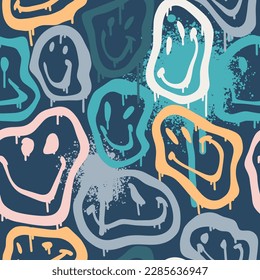 Groovy smile seamless pattern in Urban street art style. Graphic underground unisex design for t-shirts. Hipster retrowave with 90s style. Psychedelic rave background. Green Blue color palette.
