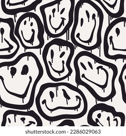 Sonrisa groovy sin fisuras en el estilo de arte urbano. Huella callejera en blanco y negro. Diseño gráfico subterráneo de unisex para camisetas. Hipster retrowave con el estilo de los 90. Antecedentes psicodélicos de rave.
