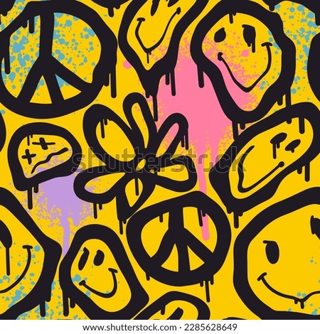 Groovy smile seamless pattern in Urban street art style with funny happy daisy. Graphic underground unisex design for t-shirts. Hipster retrowave with 90s style. Psychedelic rave background..