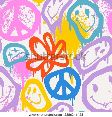 Groovy smile seamless pattern in Urban street art style with funny happy daisy. Graphic underground unisex design for t-shirts. Hipster retrowave with 90s style. Psychedelic rave background. 