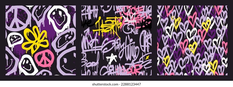 Groovy smile seamless patterns pack in Urban street art graffiti style. Typography slogan print with hearts and funny happy daisy. Retrowave with 90s style. Underground design in neon purple pink