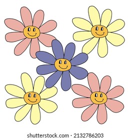 Groovy Smiley Flower with 
Hippie . Positive 70s retro smiling daisy flower print.