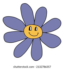 Groovy Smiley Flower with 
Hippie . Positive 70s retro smiling daisy flower print.