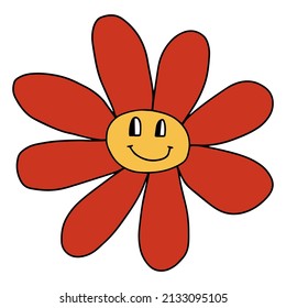 Groovy Smiley Flower with 
Hippie . Positive 70s retro smiling daisy flower print.