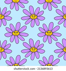 Groovy Smiley Flower. Hippie seamless pattern . Positive 70s retro smiling daisy flower print.