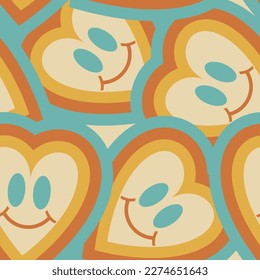 Groovy smiley heart  Y2K  Psychedelic vector background. Seamless smile pattern in
70s Retro Disco Style. Funky summer abstract modern aesthetic  print.
Wall frame poster, banner or Social Media 