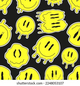 Groovy smiling faces vector. Retro doodle dripping emoji. Funny LSD, surreal, techno, melting face sign. Acid, trippy, psychedelic emoji for web prints.