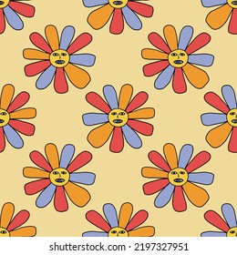 Groovy Smiling Hippie Flower seamless pattern. Positive 70s retro smiling daisy flower print.