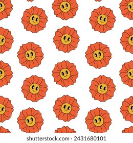 Groovy smiling red flower seamless pattern. Vector isolated on white background for banner, poster, textile. Hippie funky design.