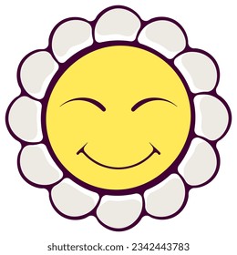 Groovy smiling squinting daisy flower. Vector hand drawn cartoon character illustration isolated on white. Retro 70s 60s design chamomile flower head. Positive nostalgic vintage happy plant.