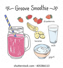 Groovy smoothie fruit drink. Recipe healthy drink with banana and strawberry. Hand drawn recipe of smoothie. Vector illustration