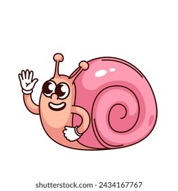 Groovy snail cartoon character waving hand. Funny retro slow slug with pink shell and smile greeting, garden happy animal mascot, cartoon crawling snail sticker of 70s 80s style vector illustration