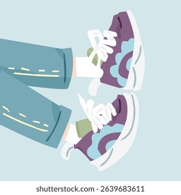 Groovy Sneakers Fashion Illustration. Stylish cartoon sneakers with floral pattern and laces on teen legs in jeans. Bold flat illustration in groovy style on pastel blue background.