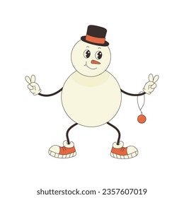 Groovy snowman character in retro style. Vector illustration