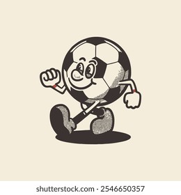 Groovy Soccer sport ball character in retro cartoon. Mascot, vector, icon, colection, sticker, vintage, illustration, set, funny, logo, comic, football