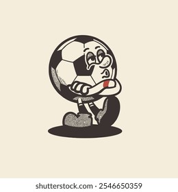 Groovy Soccer sport ball character in retro cartoon. Mascot, vector, icon, colection, sticker, vintage, illustration, set, funny, logo, comic, football