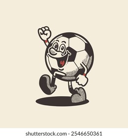 Groovy Soccer sport ball character in retro cartoon. Mascot, vector, icon, colection, sticker, vintage, illustration, set, funny, logo, comic, football