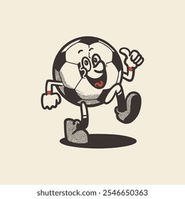 Personaje de pelota deportiva Groovy Soccer en dibujos animados retro. Mascota, Vector, icono, colección, pegatina, vintage, ilustración, conjunto, divertido, logotipo, cómic, fútbol